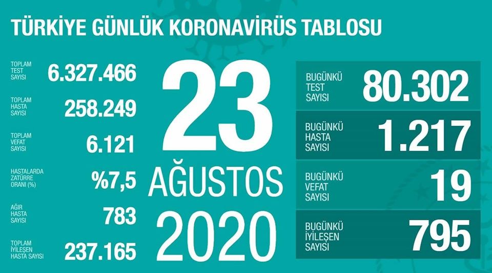 23 Ağustos 2020 | Türkiye Günlük Koronavirüs Tablosu