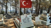 Alevler içinde kalan mezarlıkta şehit kabri ve Türk bayrağı yanmadı
