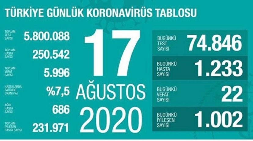 17 Ağustos 2020 | Türkiye Günlük Koronavirüs Tablosu