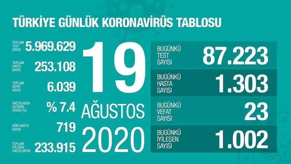 19 Ağustos 2020 | Türkiye Günlük Koronavirüs Tablosu